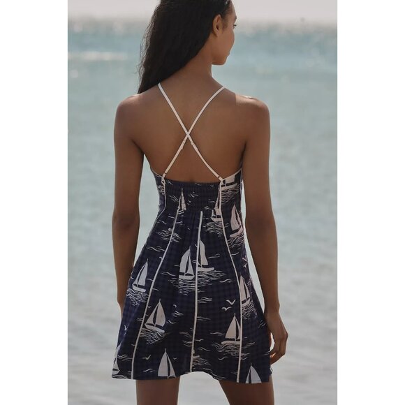 Anthropologie Celandine Scallop Piped Mini Dress Ship Print Nautical L - Picture 3 of 4